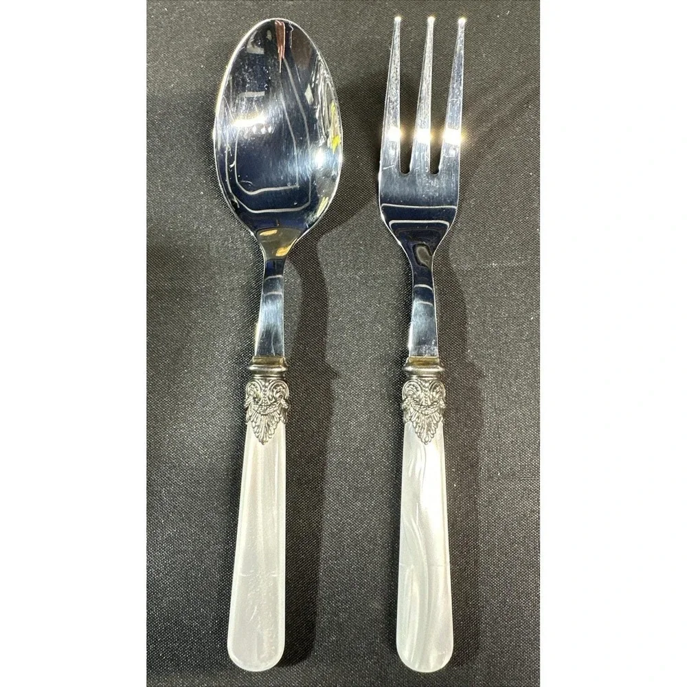 2 PC Eme Inox Pearl Handled Spoon & Fork Stainless Steel Salad Serving Set Italy
